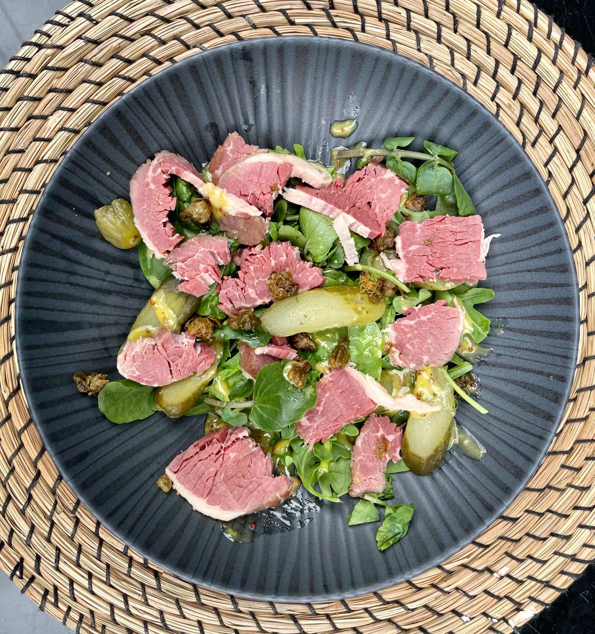 Salt Beef Salad with Crispy Capers and a Three Mustard Dressing